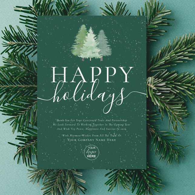 Cartes Pour Fêtes Annuelles Joyeux Joyeux Vacances Snowy Woodland Business Log (Watercolor snowy woodland Modern happy holiday business logo green christmas card Elegant script)