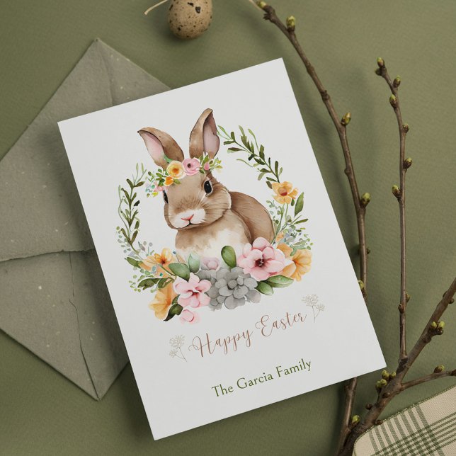 Cartes Pour Fêtes Annuelles Joyeux lapin et fleurs d'aquarelle de Pâques Pâque (Happy Easter Watercolor Bunny and Flowers Easter Holiday Postcard)
