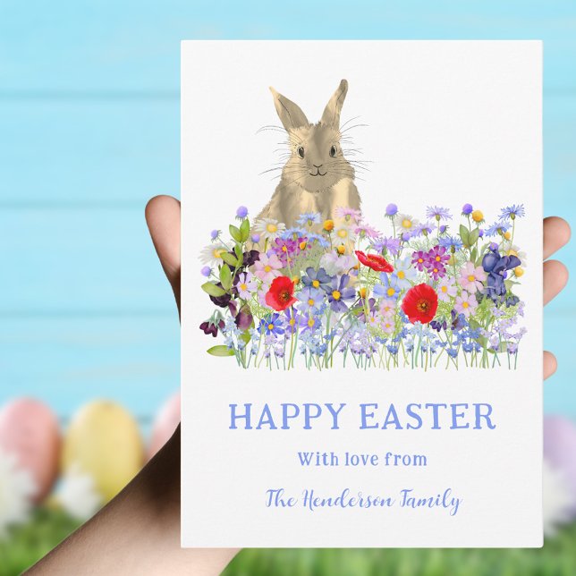 Cartes Pour Fêtes Annuelles Joyeux lapin mignon de Pâques et Fleur sauvage (Happy Easter Bunny watercolor Floral custom holiday greetings card)