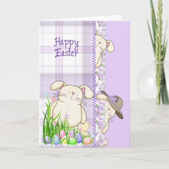 Cartes Pour Fêtes Annuelles Joyeux lapins de Pâques sur Plaid (Devant)