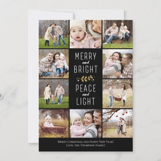 Cartes Pour Fêtes Annuelles Joyeux, lumineux, paix et lumière | Photo de Noël (Devant)