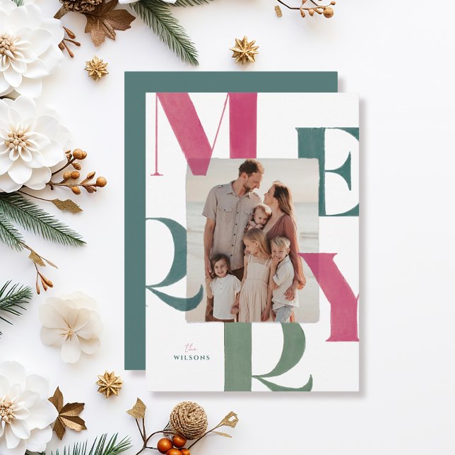 Cartes Pour Fêtes Annuelles Joyeux Magenta & Green 2 Photo Noël (Créateur téléchargé)