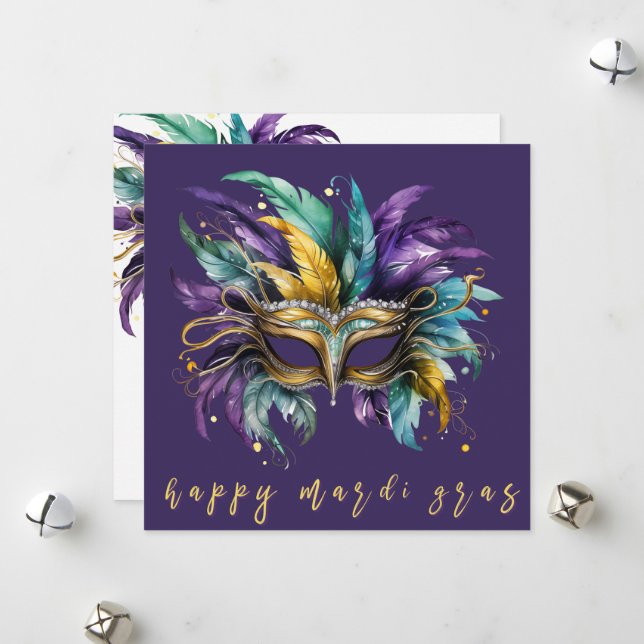 Cartes Pour Fêtes Annuelles Joyeux Mardi Gras Masque à plumes (Devant/Arrière en situation)