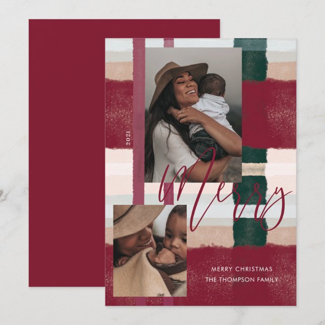 Cartes Pour Fêtes Annuelles Joyeux Maroon moderne & Green Plaid Plaid Deux Pho (Devant / Derrière)