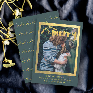 Cartes Pour Fêtes Annuelles Joyeux Mistletoe Photo Green Faux Gold Holiday Car