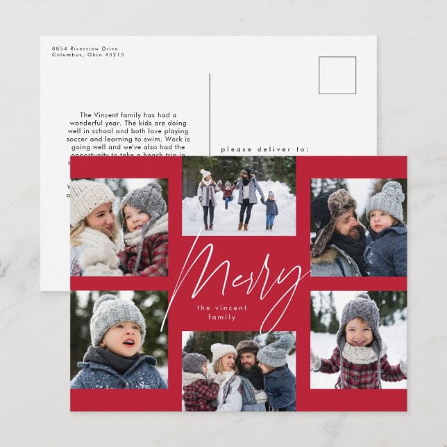 Cartes Pour Fêtes Annuelles Joyeux moderne 6 photo collage de Noël rouge (Devant / Derrière)