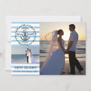 Cartes Pour Fêtes Annuelles Joyeux Nautique & Marié, Bleu, Deux Photos