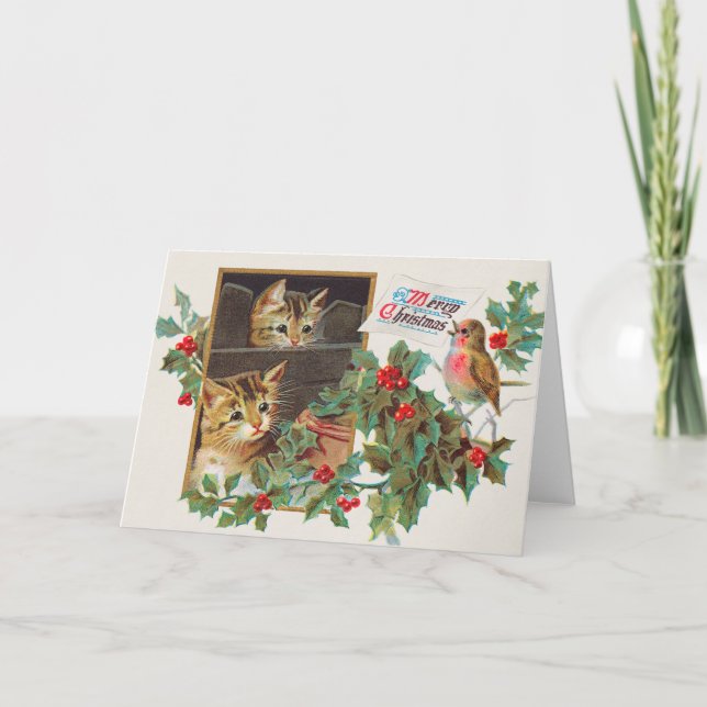 Cartes Pour Fêtes Annuelles Joyeux Noël (1911) Deux Chats Et Robin Bird (Devant)