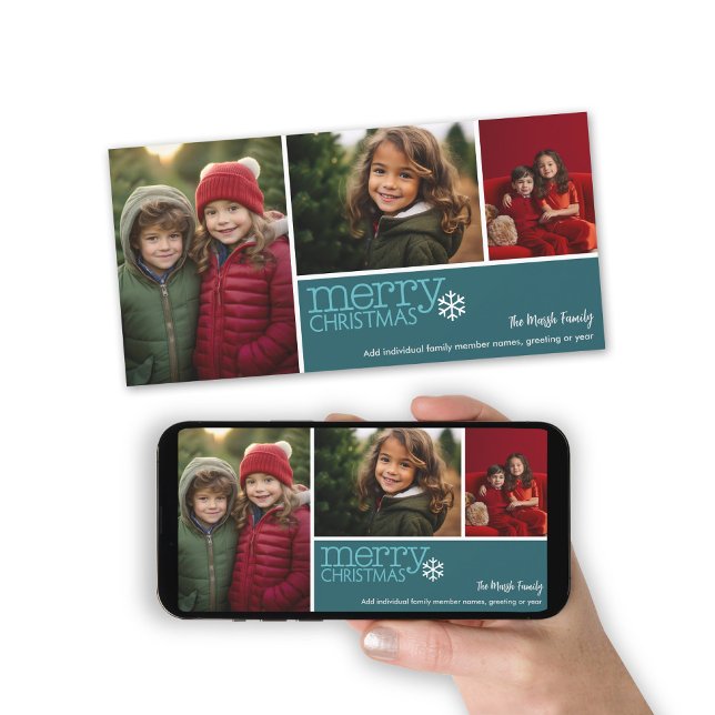 Cartes Pour Fêtes Annuelles Joyeux Noël - 3 photos - Flacon bleu turquoise (Holiday Photo card with a 3 Photo Collage. Download Option Available. Teal Accents)