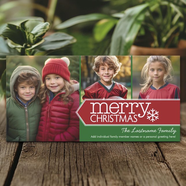 Cartes Pour Fêtes Annuelles Joyeux Noël - 3 photos - vert rouge moderne (Custom Holiday Photo Card)