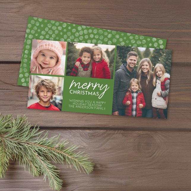 Cartes Pour Fêtes Annuelles Joyeux Noël 4 photo collage - peut éditer vert (4 Photo online Christmas Card, modern design, boho dot pattern, green)