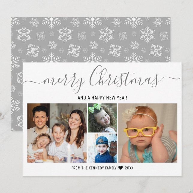 Cartes Pour Fêtes Annuelles Joyeux Noël 4 Photo Collage Silver Snowflakes (Devant / Derrière)