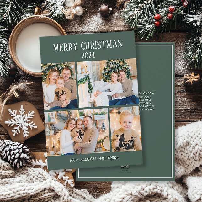 Cartes Pour Fêtes Annuelles Joyeux Noël 4 Photo Collage vert (Elegant, modern green 4-photo Christmas greeting card personalized with your own photos and text.)