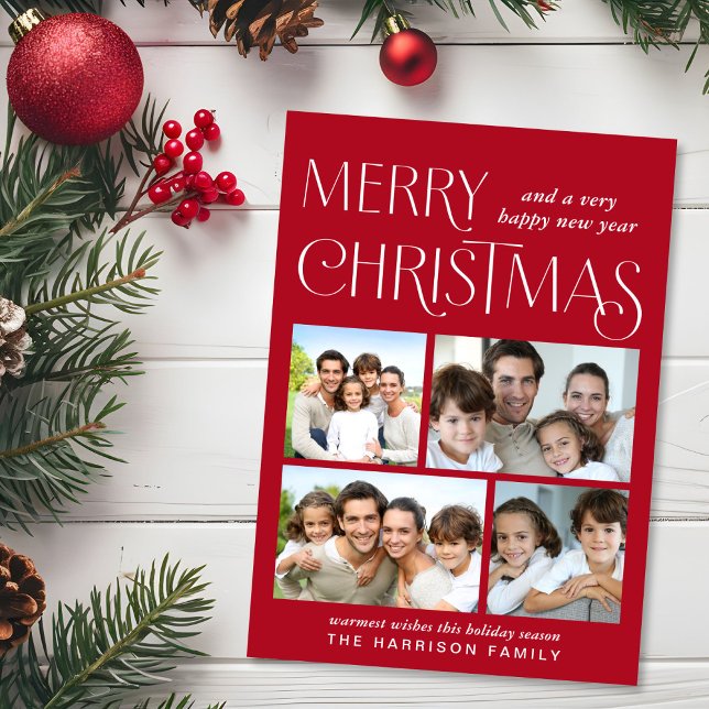 Cartes Pour Fêtes Annuelles Joyeux Noël 4 Photo Rouge (This holiday season, let your family's smiles and heartwarming memories shine on our 4 photo card)