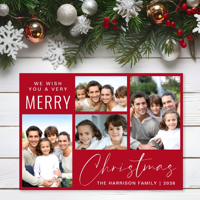 Cartes Pour Fêtes Annuelles Joyeux Noël 4 Script photo Rouge (This holiday season, let your family's smiles and heartwarming memories shine on our 4 photo card)