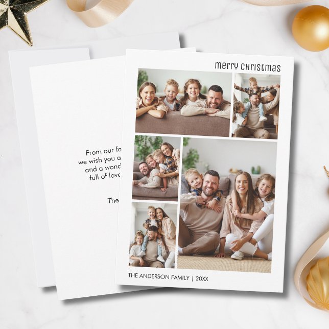 Cartes Pour Fêtes Annuelles Joyeux Noël 5 Photo Famille blanche et noire (Merry Christmas 5 Photo Family White and Black Holiday Card)