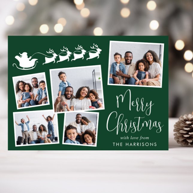 Cartes Pour Fêtes Annuelles Joyeux Noël 5 Photo Père Noël Sleigh Green (Share the love and warmth of the holiday season with this personalized photo Christmas card)