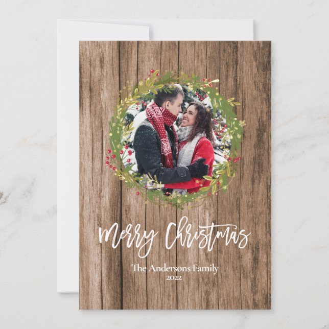 Cartes Pour Fêtes Annuelles Joyeux Noël Ajouter photo Holly Wreath Rustic Farm (Devant)