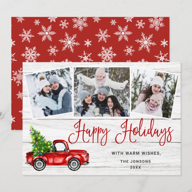 Cartes Pour Fêtes Annuelles Joyeux Noël Année Camion Ferme Rouge 3 Photo (Devant / Derrière)