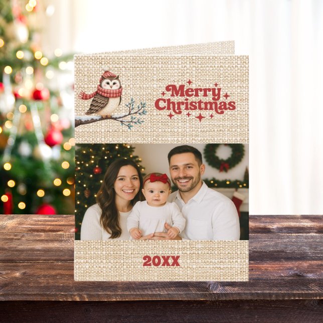 Cartes Pour Fêtes Annuelles Joyeux Noël année photo en revue burlap beige (Créateur téléchargé)