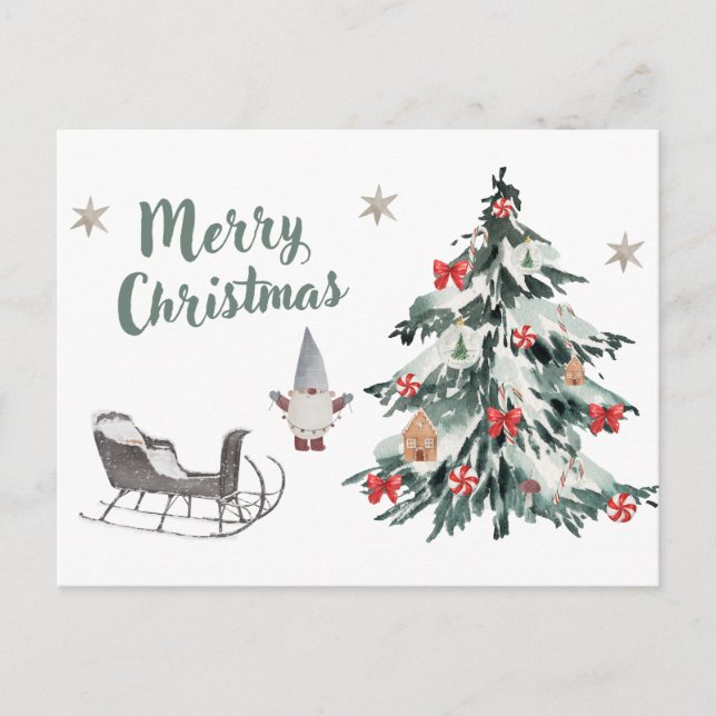 Cartes Pour Fêtes Annuelles Joyeux Noël Aquarelle Arbre de Noël, Gnome (Devant)