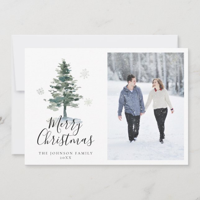 Cartes Pour Fêtes Annuelles Joyeux Noël aquarelle arbre photo neige (Devant)