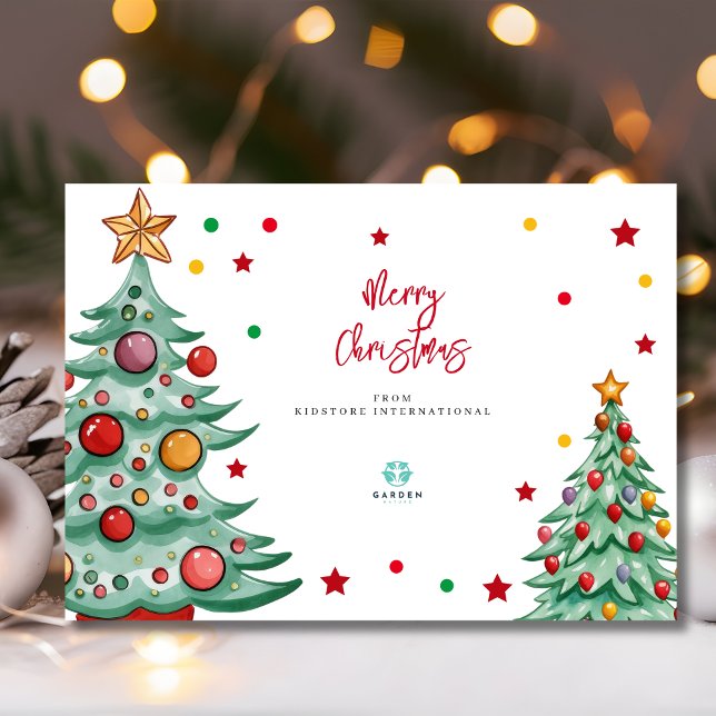Cartes Pour Fêtes Annuelles Joyeux Noël aquarelle arbres enfants logo société (Créateur téléchargé)