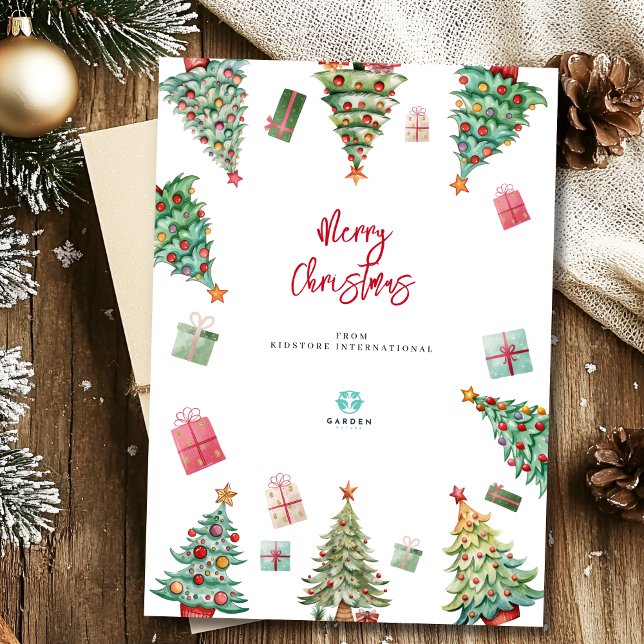 Cartes Pour Fêtes Annuelles Joyeux Noël aquarelle arbres enfants logo société (Créateur téléchargé)