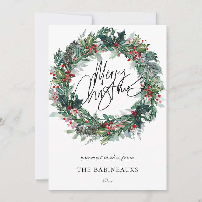 Cartes Pour Fêtes Annuelles Joyeux Noël aquarelle couronne de Noël (Devant)