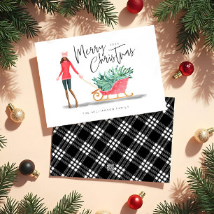 Cartes Pour Fêtes Annuelles Joyeux Noël Aquarelle Fille de Noël Sleigh