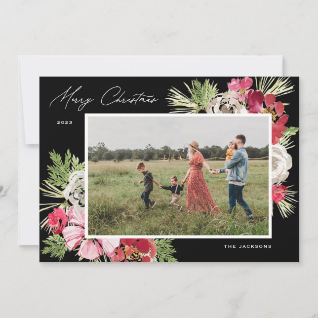 Cartes Pour Fêtes Annuelles Joyeux Noël Aquarelle Fleur Noir (Devant)