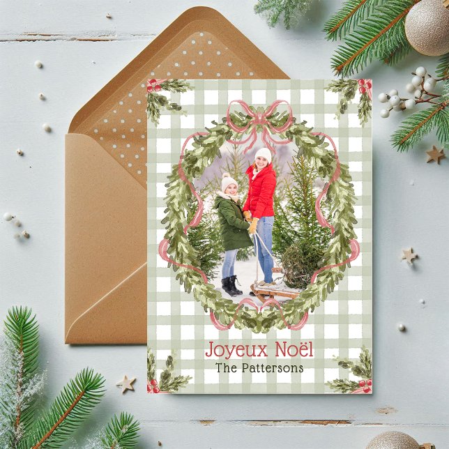 Cartes Pour Fêtes Annuelles Joyeux Noël Aquarelle Florale Bow Photo famille (Créateur téléchargé)