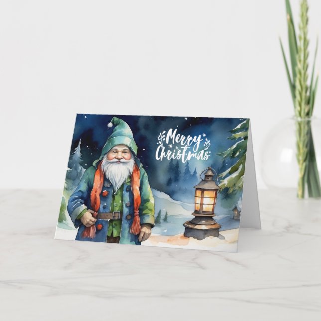 Cartes Pour Fêtes Annuelles Joyeux Noël Aquarelle Gnome d'hiver (Devant)