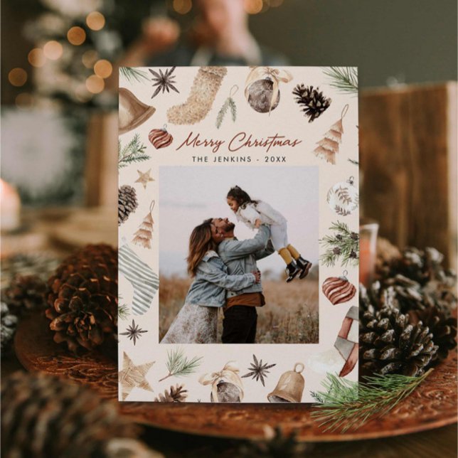 Cartes Pour Fêtes Annuelles Joyeux Noël Aquarelle moderne Une photo (Merry Christmas Photo Greeting Card)