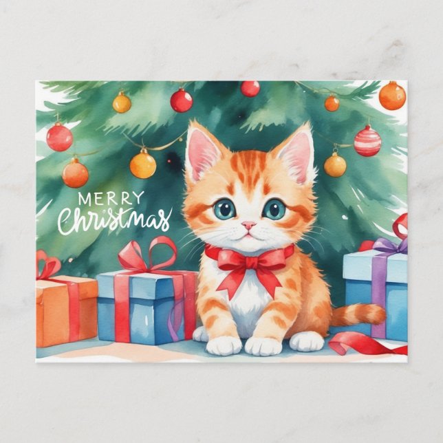 Cartes Pour Fêtes Annuelles Joyeux Noël Aquarelle Orange Kitten (Devant)