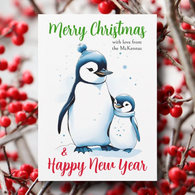 Cartes Pour Fêtes Annuelles Joyeux Noël aquarelle Penguins Christian (Créateur téléchargé)
