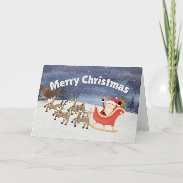 Cartes Pour Fêtes Annuelles Joyeux Noël aquarelle Père Noël Sleigh (Devant)