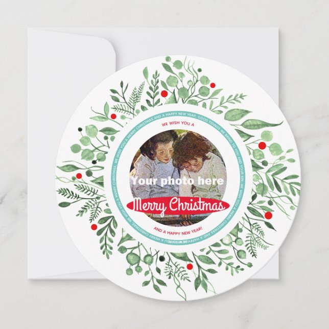 Cartes Pour Fêtes Annuelles Joyeux Noël aquarelle photo couronne (Devant)