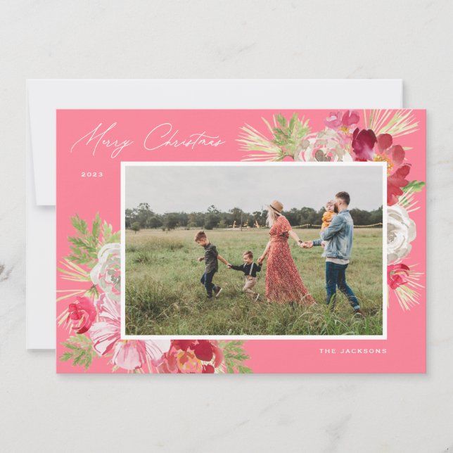 Cartes Pour Fêtes Annuelles Joyeux Noël Aquarelle rose (Devant)