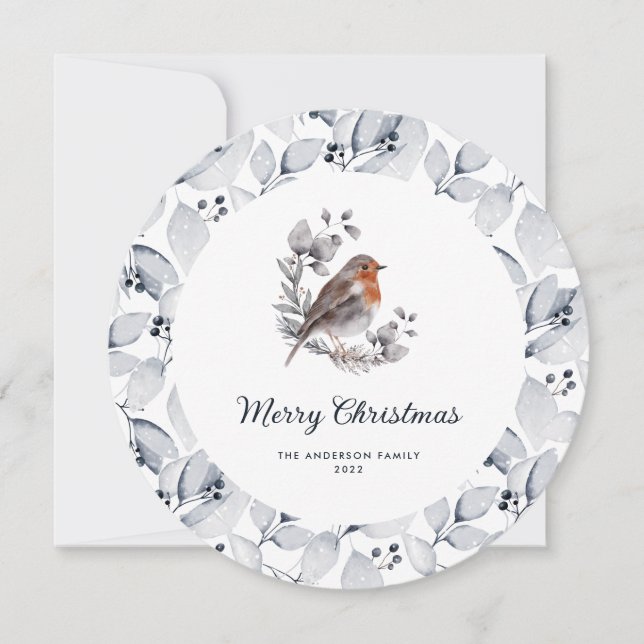 Cartes Pour Fêtes Annuelles Joyeux Noël Aquarelle Rouge-gorge Oiseau Hiver (Devant)