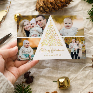 Cartes Pour Fêtes Annuelles Joyeux Noël Arbre à perles d'or 4 Photo Collage