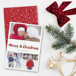 Cartes Pour Fêtes Annuelles Joyeux Noël Arbre Brush Script 3 Photo Collage