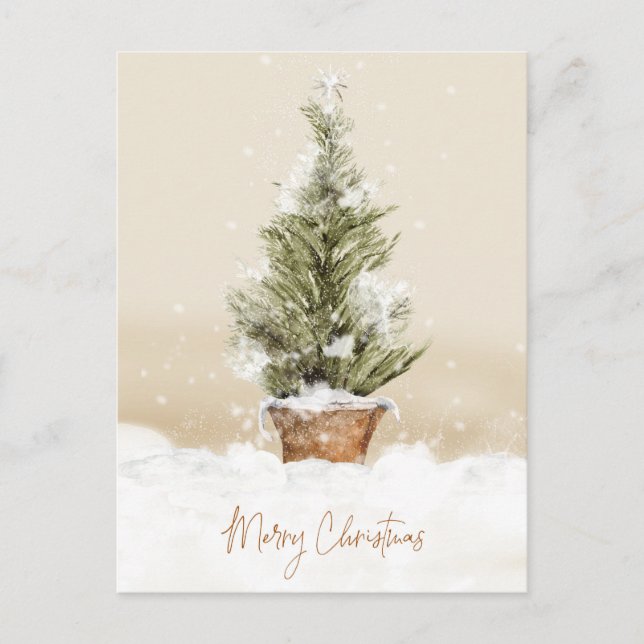 Cartes Pour Fêtes Annuelles Joyeux Noël Arbre neigeux aquarelle Poste de vacan (Devant)