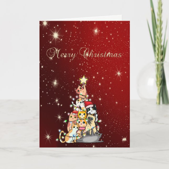 Cartes Pour Fêtes Annuelles Joyeux Noël, Arbres de Noël Chats, Rouge (Devant)