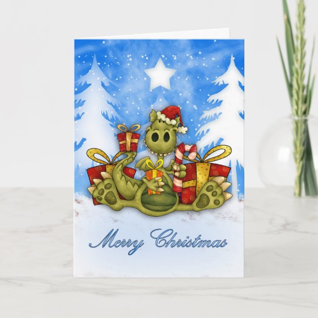 Cartes Pour Fêtes Annuelles Joyeux Noël Avec Jote Dragon Manger Sucre de canne (Devant)