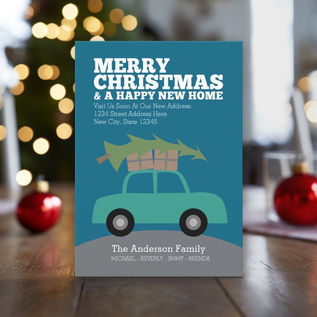Cartes Pour Fêtes Annuelles Joyeux Noël avec nouvelle adresse résidentielle Dé (Holiday Moving Card with New Address and Cute Car carrying Christmas Tree)