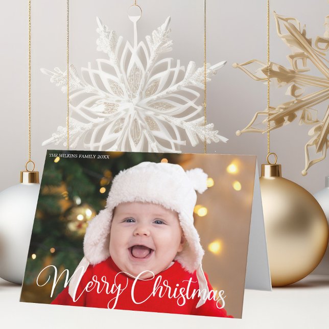 Cartes Pour Fêtes Annuelles Joyeux Noël Baby Photo Chic White Calligraphie (Créateur téléchargé)