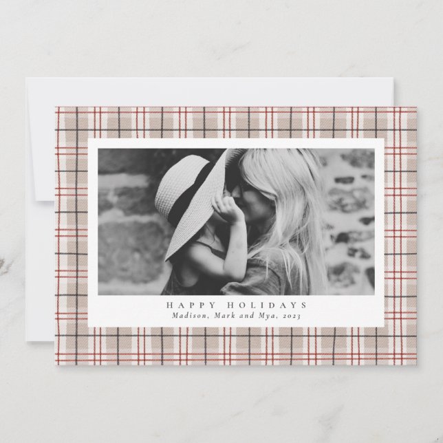 Cartes Pour Fêtes Annuelles Joyeux Noël Beige Plaid Une photo (Devant)
