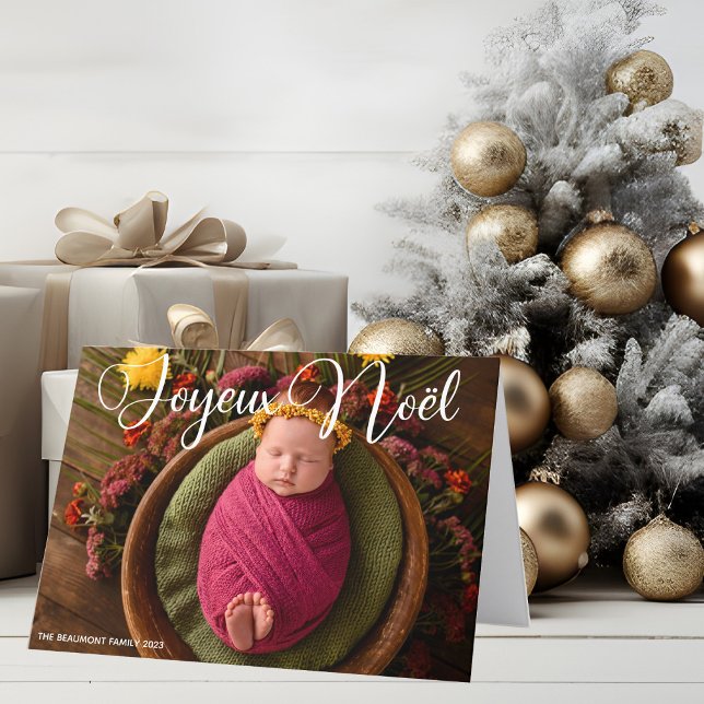 Cartes Pour Fêtes Annuelles Joyeux Noël Blanc Script Chic Photo Noël (Créateur téléchargé)