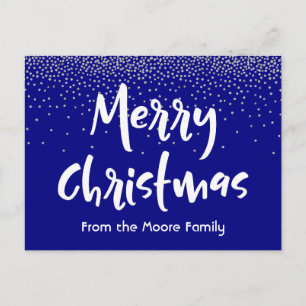 Cartes Pour Fêtes Annuelles Joyeux Noël blanc sur fond marine et confettis arg